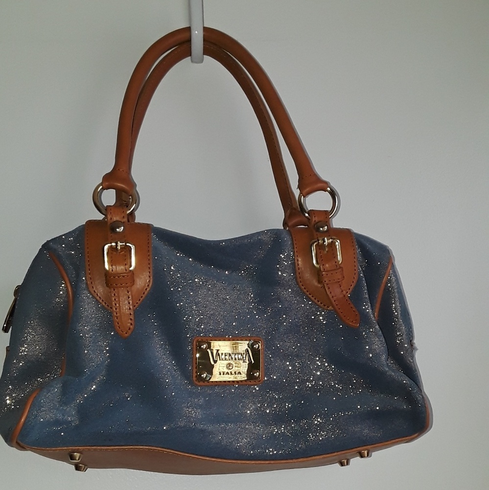 Valentina Blue Gold Glitter Glamour Satchel Bag